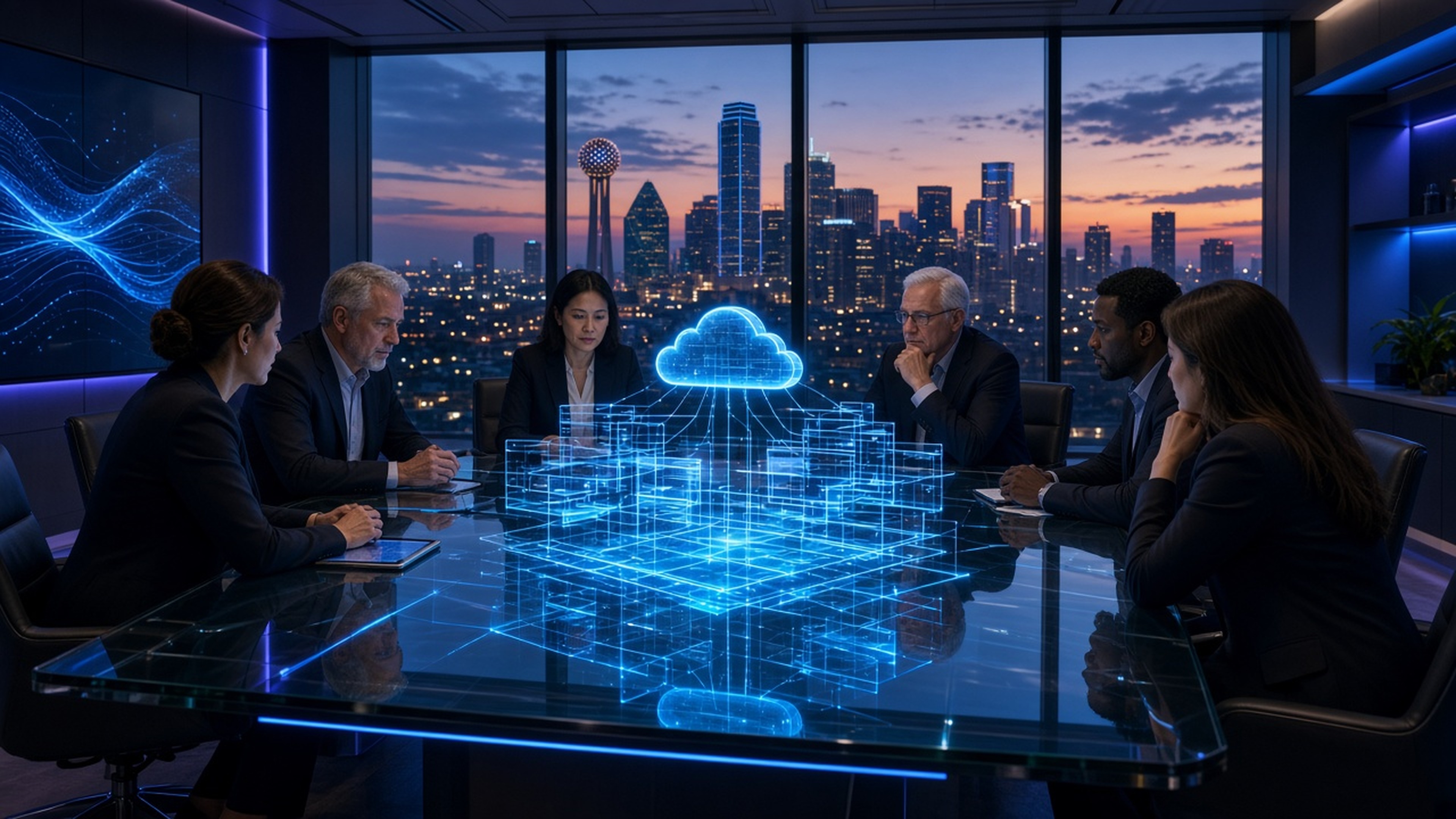 Executive strategy room at Y TECHNOLOGIES LLC headquarters in Irving Texas with senior leadership around high-tech holographic conference table analyzing enterprise cloud architecture blueprint with Dallas-Irving skyline at dusk