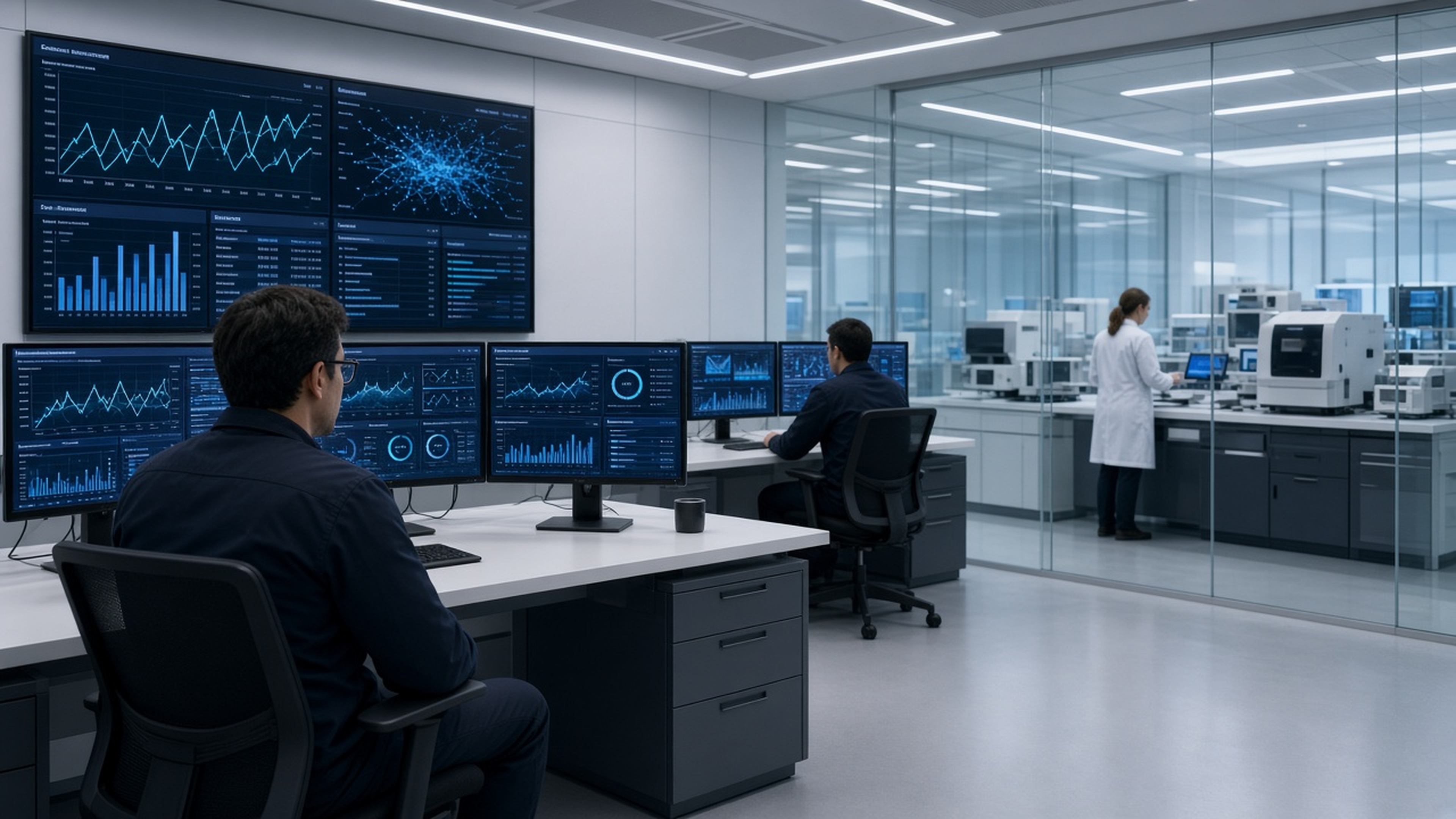 Enterprise Quality Assurance and Compliance Lab with engineers monitoring multi-screen mission critical data telemetry dashboards