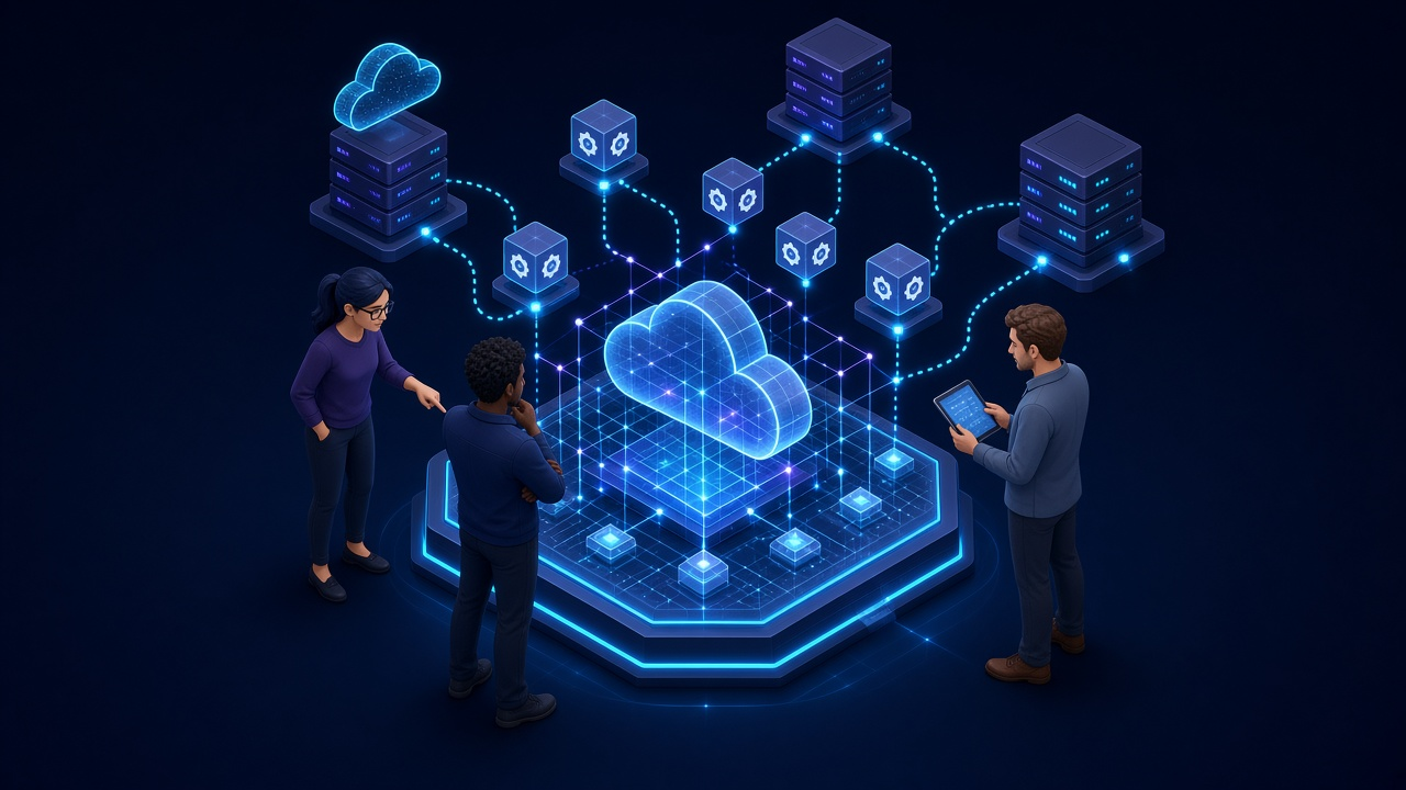 Vector illustration of enterprise engineers designing resilient multi-cloud and SaaS infrastructure